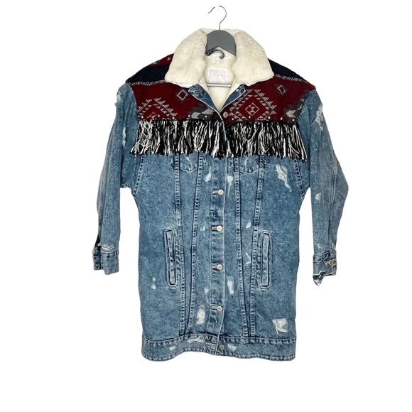 Zara Blue Aztec Fringe Faux Shearling Collar Jacket Size Small - Picture 4 of 8